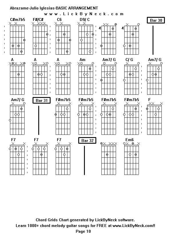 Chord Grids Chart of chord melody fingerstyle guitar song-Abrazame-Julio Iglesias-BASIC ARRANGEMENT,generated by LickByNeck software.